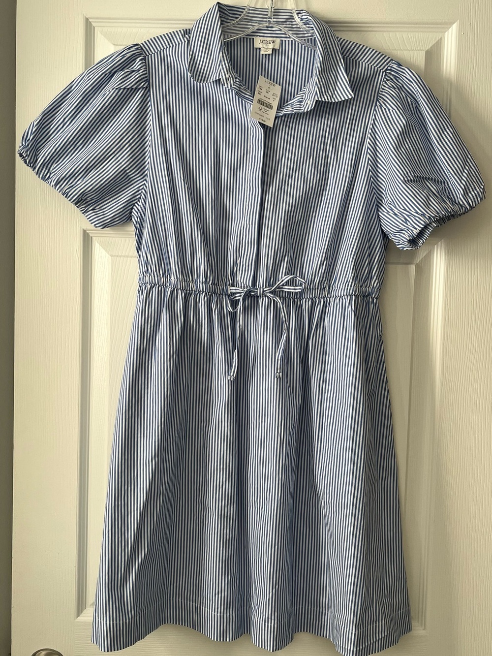 J. Crew Blue and White Striped Puff-Sleeve Shirt Dress with Drawstring